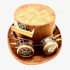 Steampunk hoed Max is bruin met een mooie, rijk versierde koperkleurige Steampunk bril, die versierd is met ornamenten. Plus een lade met raderonderdelen.